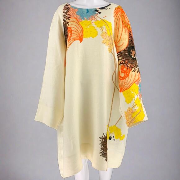 DRIES VAN NOTEN Size S Cream Multi Color Linen Abstract Floral Oversized Dress - Picture 1 of 10